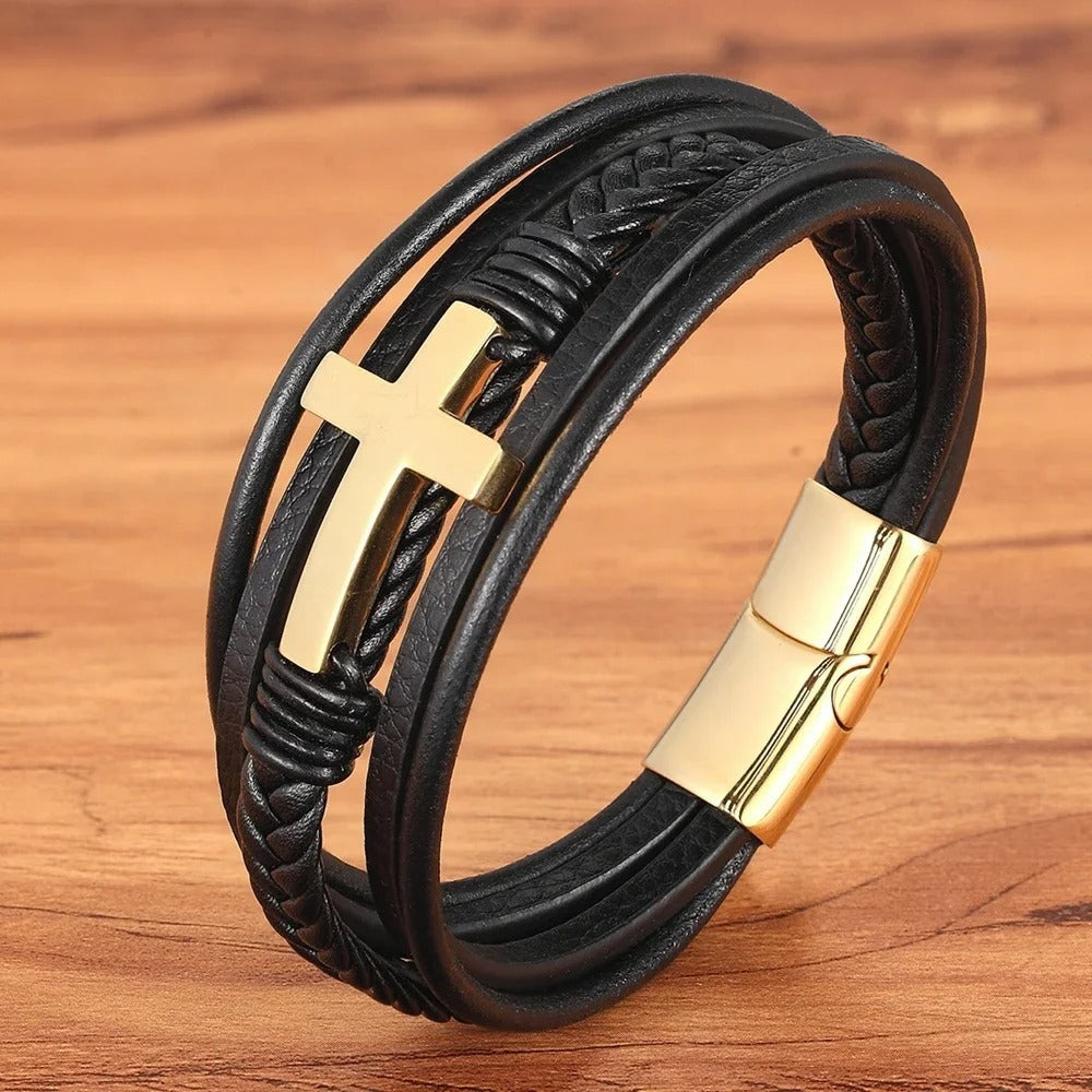 pulseira de couro masculino cross life de aço inoxidável