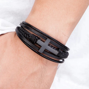 pulseira de couro masculino cross life de aço inoxidável