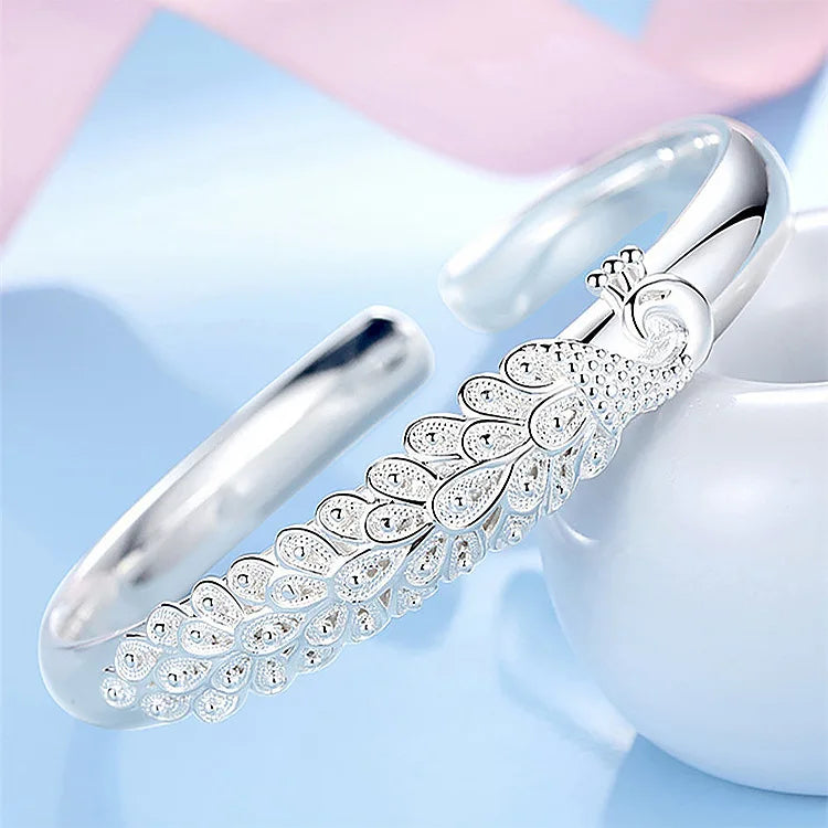 Pulseira de prata esterlina 925 elegante com tela de abertura de pavão, braceletes para mulheres.