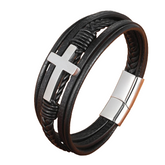 pulseira de couro masculino cross life de aço inoxidável